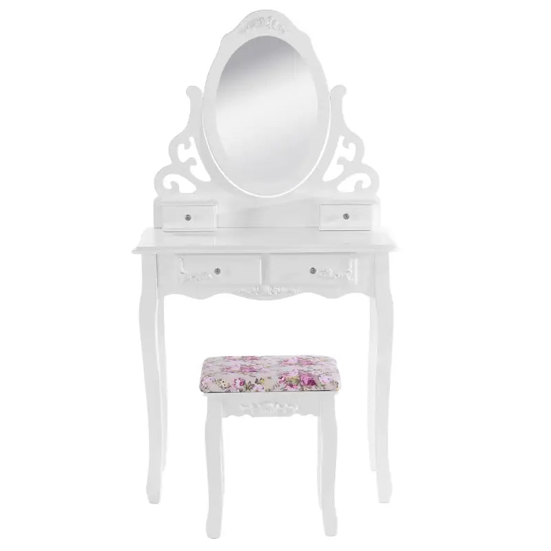 BukkitBow kaptafel met spiegel, 4 lades, houten kruk, make-up tafel, afmetingen 75x139x40cm, stijlvolle cosmetische meubel.