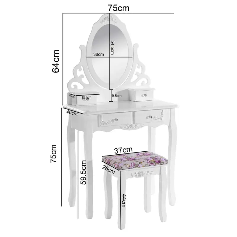 BukkitBow kaptafel met spiegel, vier lades en bijpassende kruk, houten make-up tafel in natuurlijke afwerking, afmetingen 75x139x40cm.