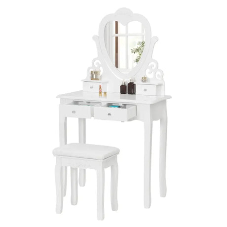 BukkitBow kaptafel met spiegel, 2 grote en 2 kleine laden, inclusief kruk, stijlvolle make-up tafel in 140x75x40 cm.