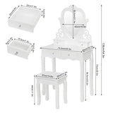 BukkitBow make-up tafel met spiegel, 2 grote en 2 kleine laden, inclusief kruk, in wit en houtafwerking, afmetingen 140x75x40cm.
