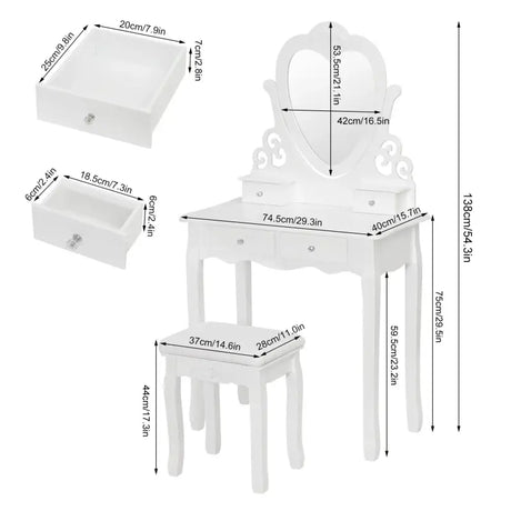 BukkitBow make-up tafel met spiegel, 2 grote en 2 kleine laden, inclusief kruk, in wit en houtafwerking, afmetingen 140x75x40cm.