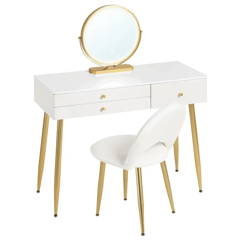 BukkitBow make-up tafel met LED-verlichting, ronde spiegel, drie grote laden en bijpassende kruk, afmetingen 100x80x40 cm.