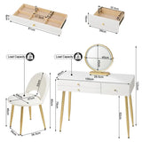 BukkitBow make-up tafel met LED-verlichting, ronde spiegel, drie grote laden en bijpassende kruk, afmetingen 100x80x40cm