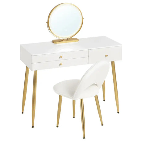 BukkitBow make-up tafel met LED verlichting, ronde spiegel, drie grote laden en bijpassende kruk, afmetingen 100x80x40cm