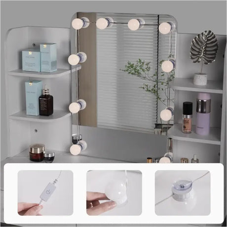 BukkitBow kaptafel met spiegel en LED-verlichting, 90x75x45 cm, houten make-up tafel met opbergruimte en stijlvolle uitstraling.