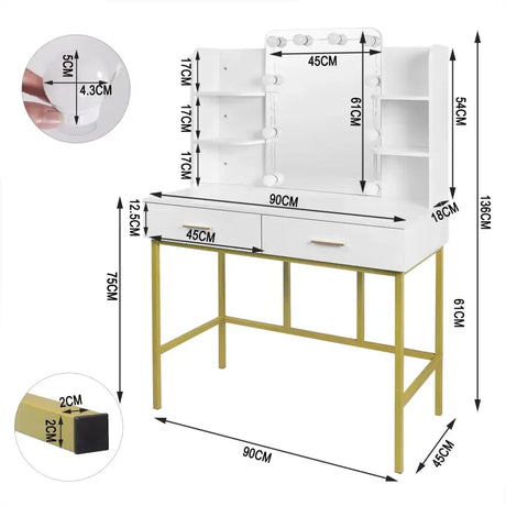 BukkitBow kaptafel met spiegel en LED lampen, 90x75x45 cm, ideale makeuptafel met moderne uitstraling en praktische opbergruimte