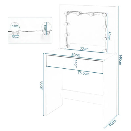 BukkitBow kaptafel met grote spiegel, LED-verlichting, MDF vezelplaat en ruime opbergruimte, 80x40x140cm, stijlvolle make-up tafel