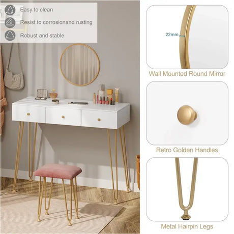 BukkitBow kaptafel met krukje en spiegel, gouden poten, 100x40x80cm, stijlvolle houten meubel voor make-up en haar.