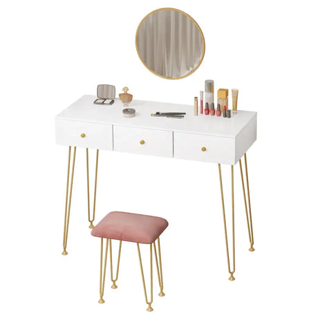 BukkitBow kaptafel met krukje en spiegel, goudkleurige poten, afmetingen 100x40x80cm, elegant meubel voor make-up of huidverzorging.