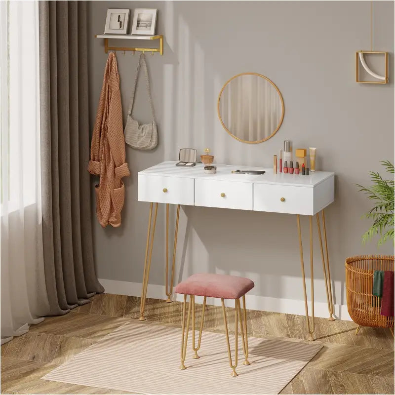 BukkitBow kaptafel met krukje en spiegel, gouden poten, afmetingen 100x40x80cm, stijlvolle houten make-up tafel.