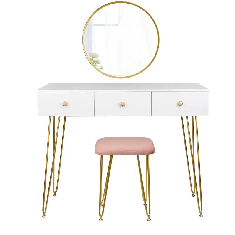 BukkitBow kaptafel met krukje en spiegel, gouden poten, afmeting 100x40x80cm, stijlvolle houten meubel voor make-up en haar.