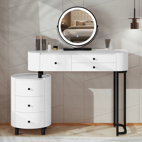 BukkitBow kaptafel met LED-verlichting, draaibare spiegel, zijkast en 3 lichtkleuren, ideaal voor slaapkamer make-uptafel