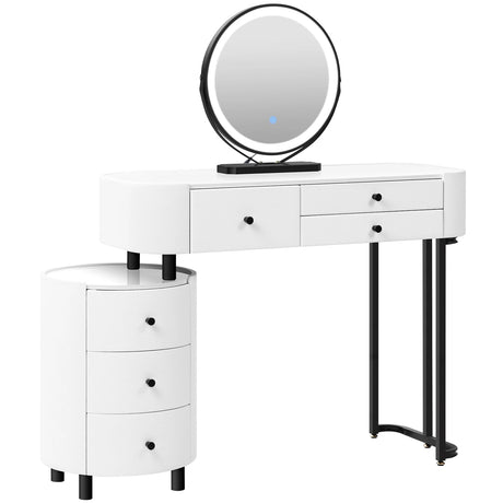 BukkitBow kaptafel met LED-verlichting, draaibare spiegel, 3 lichtkleuren en zijkast, make-uptafel voor slaapkamer