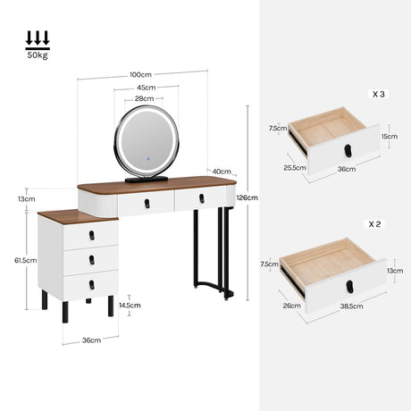 BukkitBow kaptafel met LED-verlichting, draaibare spiegel, verstelbare zijkast en make-uptafel voor slaapkamer.