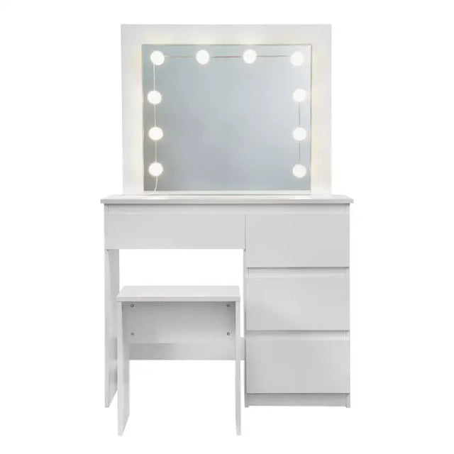 BukkitBow kaptafel set met kruk, melamine panelen, spiegel en LED-verlichting, geschikt voor opmaak en make-up.