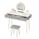 BukkitBow kaptafel set met LED spiegel, kruk, stevig hout, fluwelen bekleding en gouden details, afmetingen 100x121,5x40 cm.