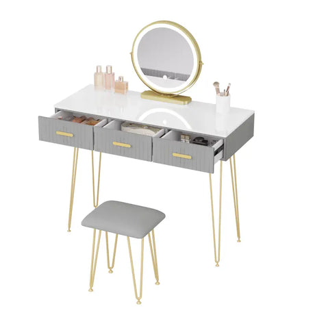 BukkitBow kaptafel set met LED spiegel, kruk, stevig hout, fluwelen bekleding en gouden details, afmetingen 100x121,5x40 cm.