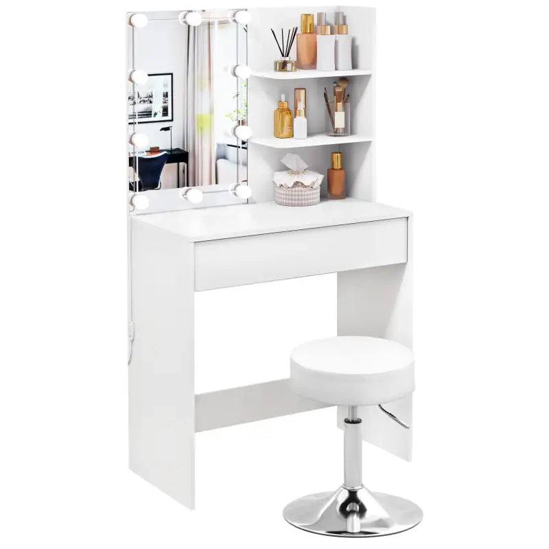 BukkitBow Kaptafel set met verstelbare kruk, LED-verlichting en spiegel, ideaal voor make-up en haarstyling.