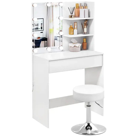 BukkitBow Kaptafel set met verstelbare kruk, LED-verlichting en spiegel, ideaal voor make-up en haarstyling.