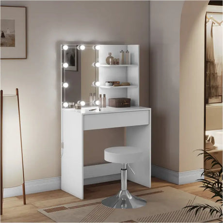 BukkitBow kaptafel set met verstelbare kruk, LED-verlichting en spiegel, geschikt voor een stijlvolle make-up en haarruimte.
