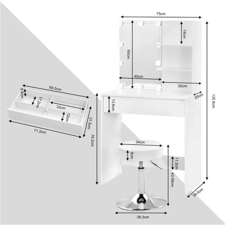 BukkitBow Kaptafel set met verstelbare kruk, LED-verlichting en spiegel, geschikt voor make-up en hairstyling.