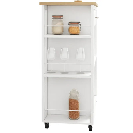BukkitBow keuken trolley met werkblad, wieltjes, lade en open planken voor keukenkast en opbergruimte, zwart en houten afwerking.