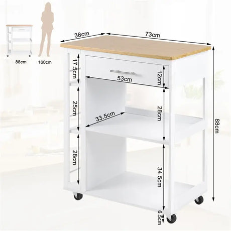 BukkitBow keukentrolley met werkblad, wieltjes, lade en open planken voor keukenopslag en mobiele opbergruimte.