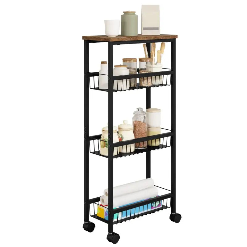 BukkitBow keukentrolley met 4 niveaus, zwart vintage houtlook, MDF en metaal, verplaatsbaar en ruimtebesparend in keukenstijl.