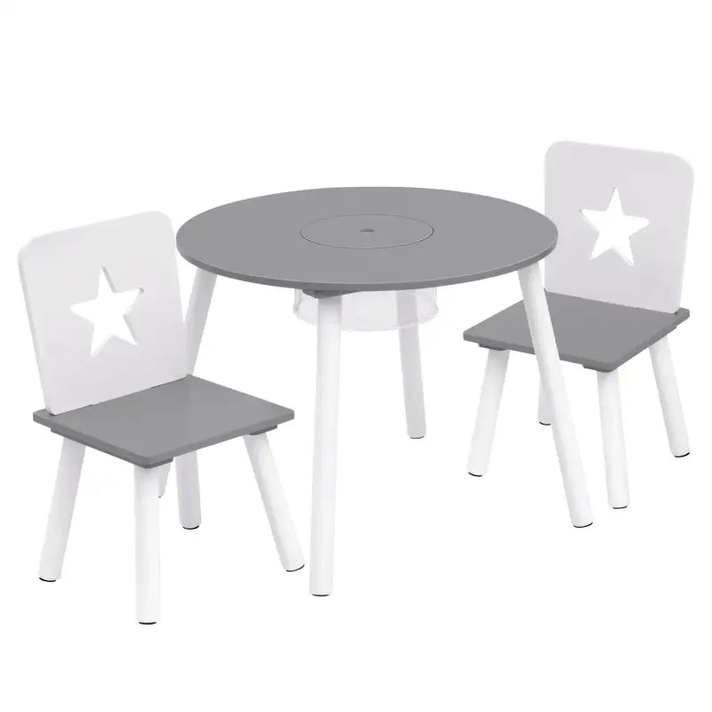 Kinder tafel en stoelen set van BukkitBow, witte en grijze pijnhouten kindertafel met opbergvak, 59,5x46 cm.