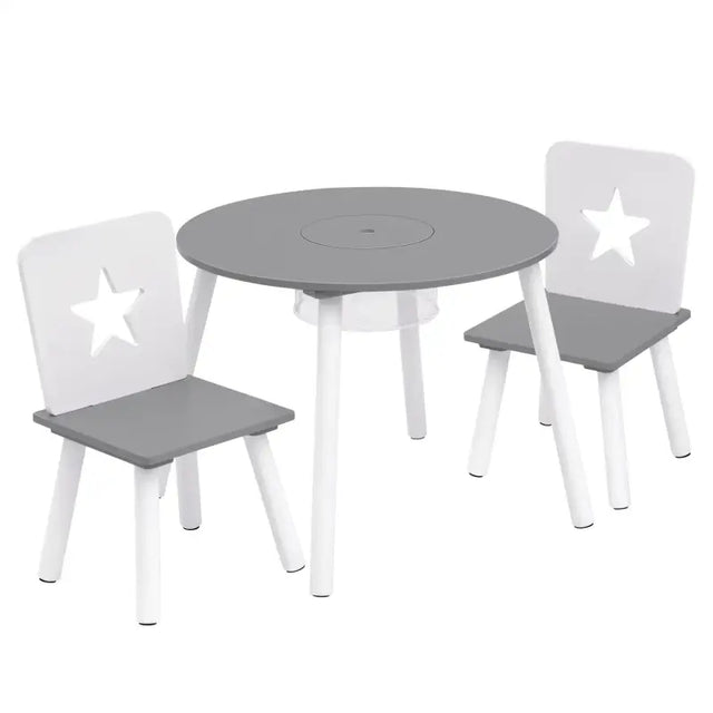 Kinder tafel en stoelen set van BukkitBow, witte en grijze pijnhouten kindertafel met opbergvak, 59,5x46 cm.