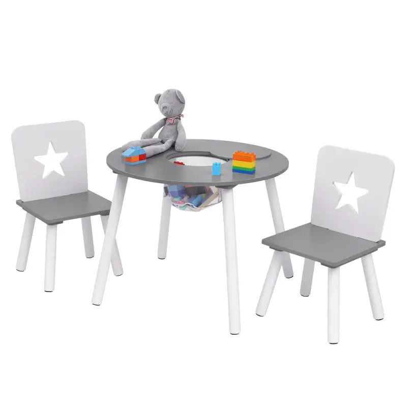 Kinder tafel en stoelen set van BukkitBow, wit met grijs, van pijnhouten materiaal, inclusief opbergvak, afmetingen 59,5x46 cm.