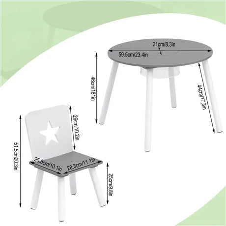 BukkitBow kinder tafel en stoelen set in wit en grijs, pijnhouten materiaal, tafel met opbergvak, afmetingen 59,5x46 cm