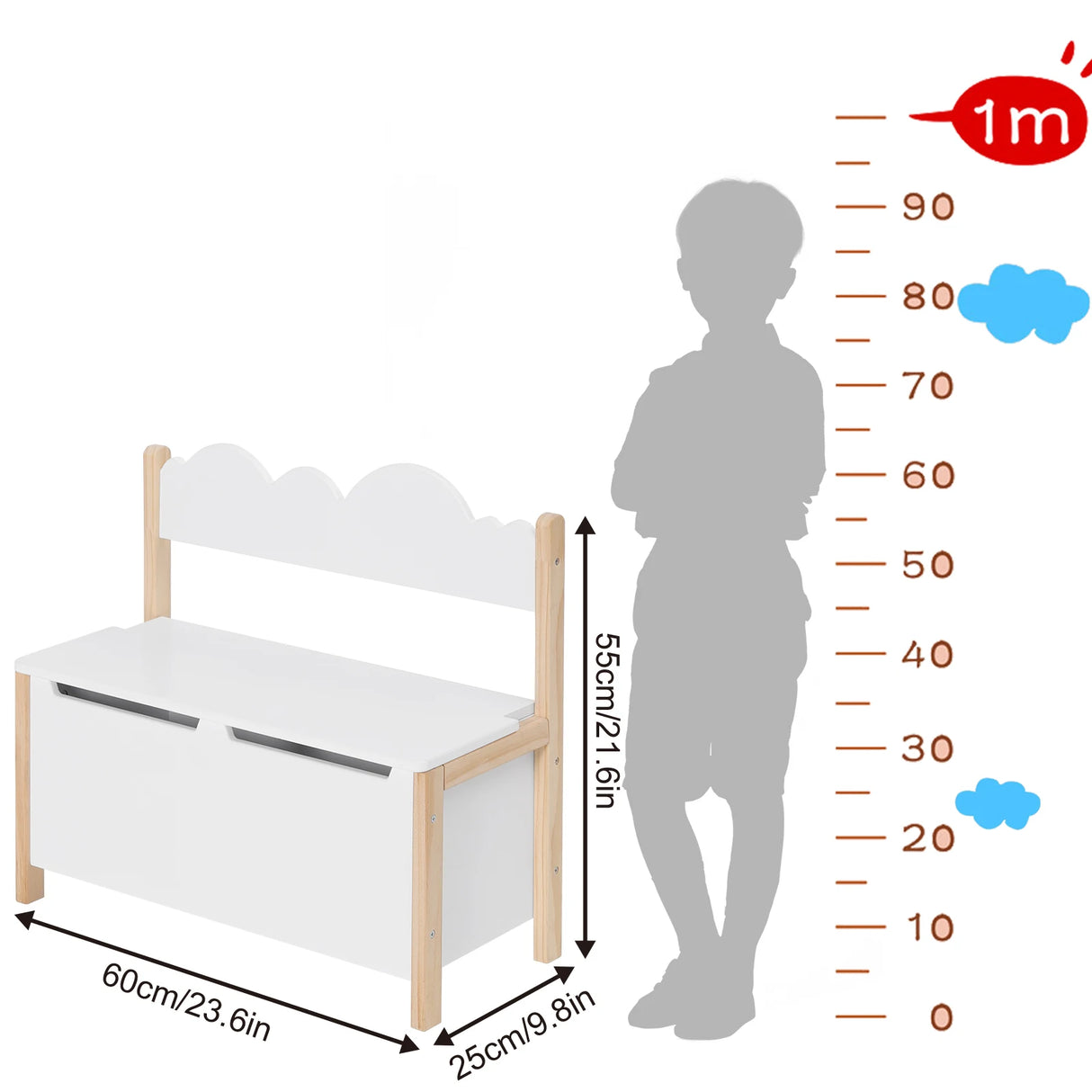 Wit houten kinderbank met opbergruimte, 60 cm breed, BukkitBow speelbankje en speelgoedkist voor kinderen.