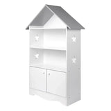 Witte en grijze BukkitBow kinderboekenkast met 3 planken en opbergkast in huisvorm, 62x115x27cm, geschikt voor kinderkamers.