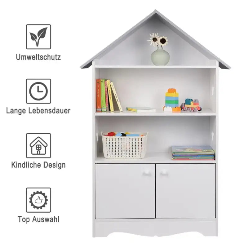 Witte en grijze kinderboekenkast BukkitBow met 3 planken en opbergkast in huisvorm, afmetingen 62x115x27cm.
