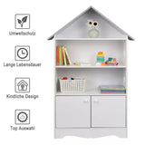Witte en grijze kinderboekenkast BukkitBow met 3 planken en opbergkast in huisvorm, afmetingen 62x115x27cm.