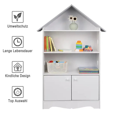 Witte en grijze kinderboekenkast BukkitBow met 3 planken en opbergkast in huisvorm, afmetingen 62x115x27cm.