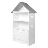 Witte en grijze BukkitBow kinderboekenkast met 3 planken en opbergkast in huisvorm, 62x115x27cm, geschikt voor kinderkamers.