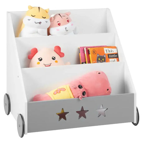 BukkitBow kinderboekenkast in grijs en wit met sterpatronen, trapeziumvormig met wielen, 43x58x60cm, speelse opbergoplossing voor kinderen