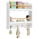 Kinderboekenplank BukkitBow van MDF en Grenenhout, wandmontage met 2 planken, 2 stangen en 4 haken, afmetingen 60x55x12 cm.