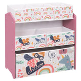 BukkitBow kinder boekenkast met MDF en massief grenenhout, 6 stoffen manden, cartoon ontwerp en afgeronde randen.