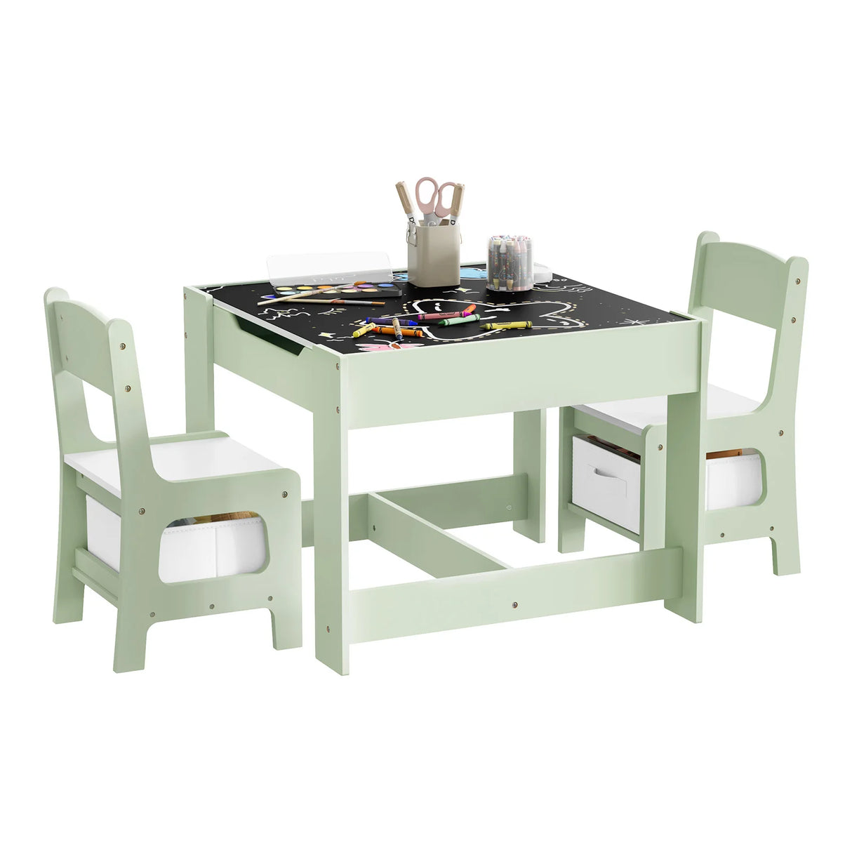BukkitBow kindertafel met twee houten stoelen en opbergruimte, geschikt als speelset voor kinderen.