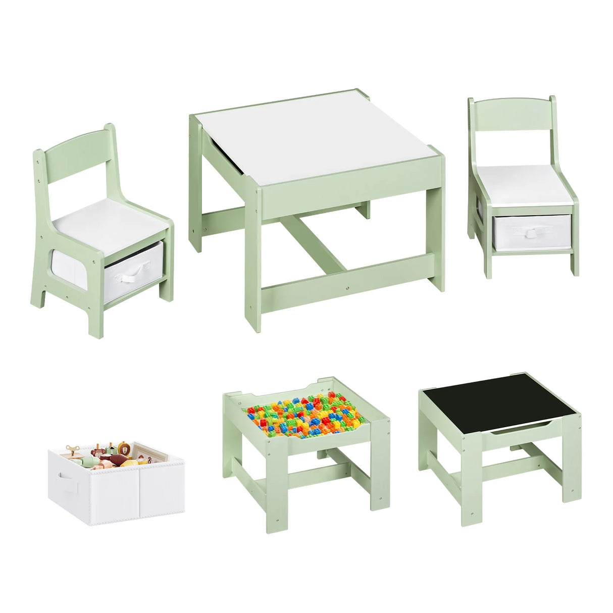 Houten kindertafel met 2 stoelen en opbergruimte van BukkitBow, perfect voor spelen en knutselen in de kinderspeelkamer.