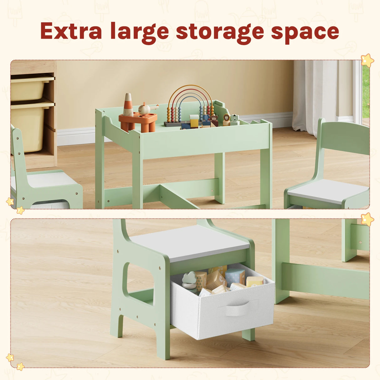 BukkitBow kindertafel met 2 houten stoelen en opbergruimte, geschikt als speelset voor kinderen.