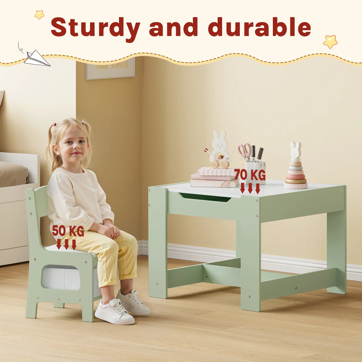 Houten kindertafel met 2 stoelen en opbergruimte van BukkitBow, ideaal voor spelen en knutselen voor kinderen