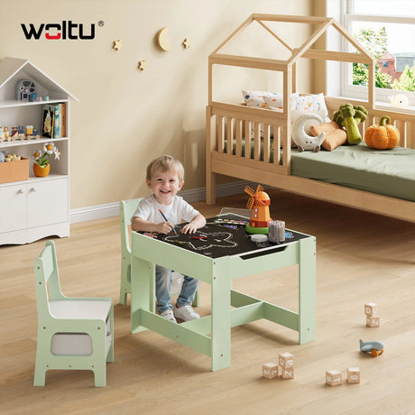 Houten kindertafel met 2 stoelen en opbergruimte van BukkitBow, geschikt als speelset voor kinderen.