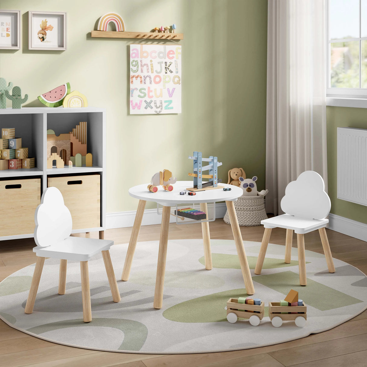 Witte BukkitBow kindertafel met 2 stoeltjes in wolk ontwerp, geschikt voor peuters en kleuters, leuke speeltafel voor kinderen