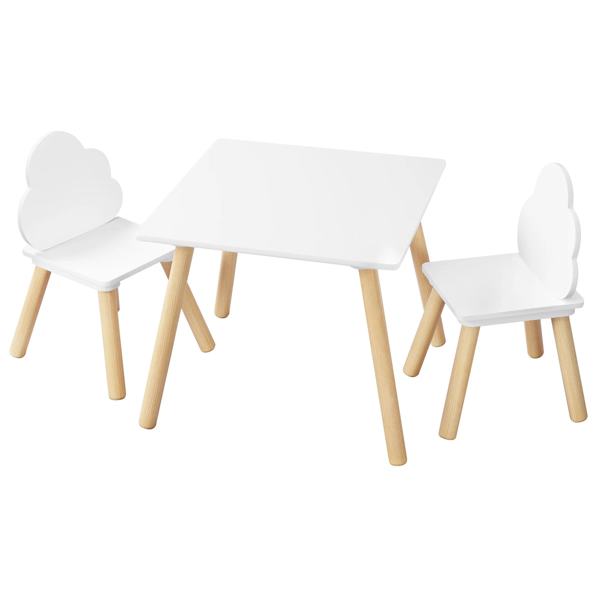 Witte BukkitBow kindertafel met twee stoeltjes en wolkendesign, speeltafel voor peuters en kleuters, geschikt voor speel- en leeractiviteiten