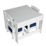BukkitBow kindertafel met stoelen, omkeerbaar tafelblad, opbergmanden en dubbelzijdig bord, afmeting 60x60x48 cm, in kinderkamer.