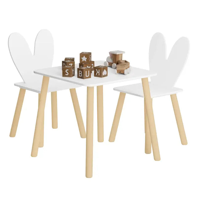 BukkitBow kindermeubelset met konijnenoor rugleuning, inkl. tafel en stoelen, afmeting 49,5x49,5x47 cm, geschikt voor kinderen